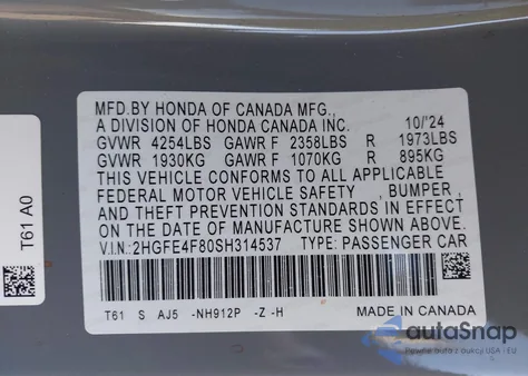 2025 Honda Civic Hybrid Sport/Sport Touring from USA, damaged, VIN 2HGFE4F80SH314537